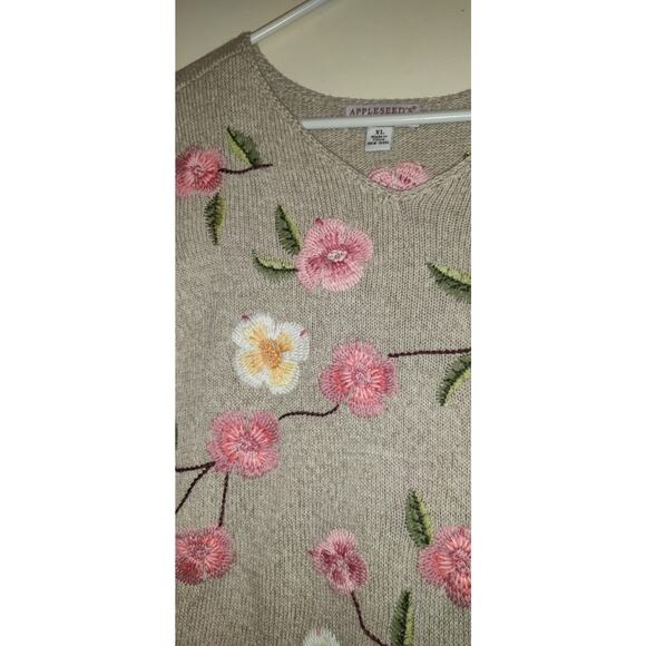 Appleseeds Sweater Linen Blend Oatmeal Beige Limited Edition Embroidery Sz XL - Picture 8 of 16